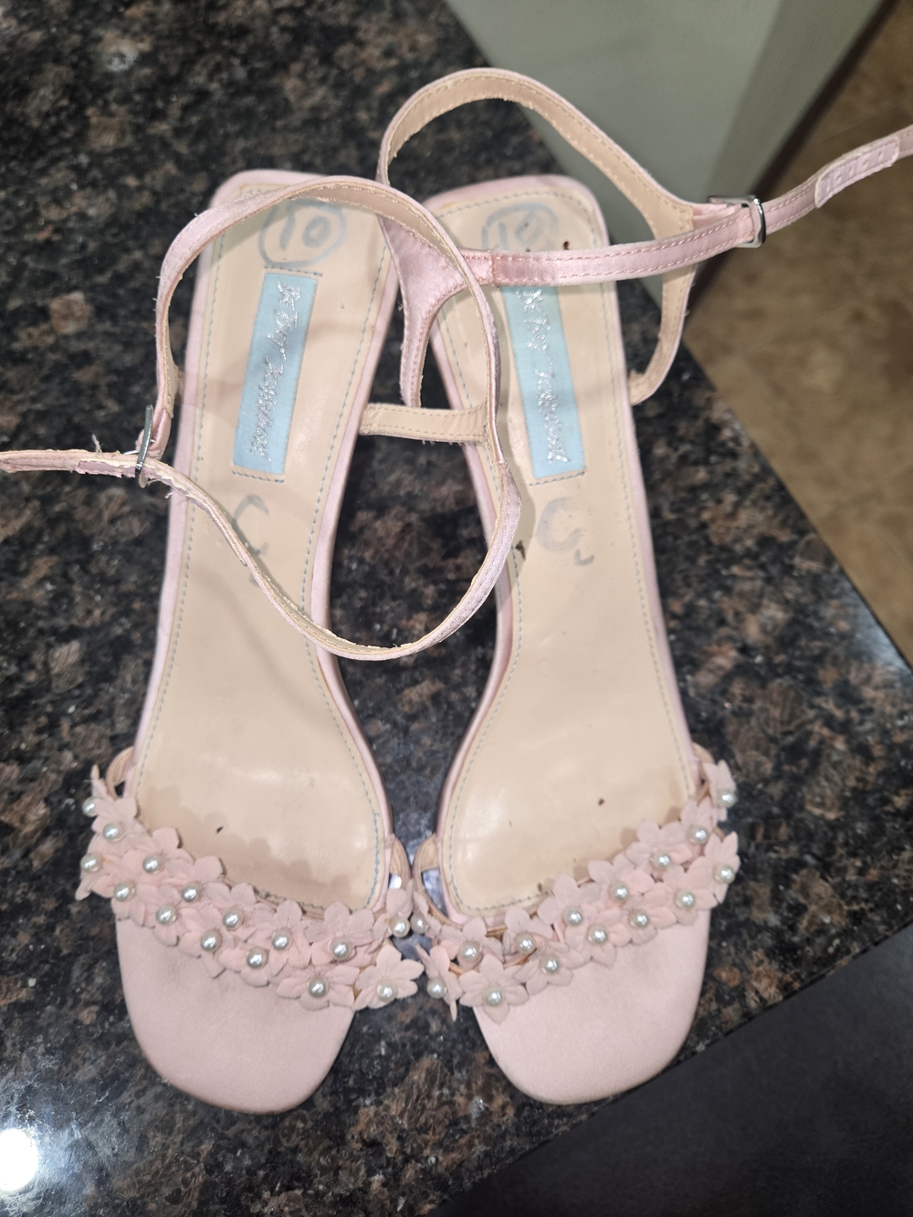 Betsey Johnson Pink Floral Pearl-Embellished Ankle-Strap Heels